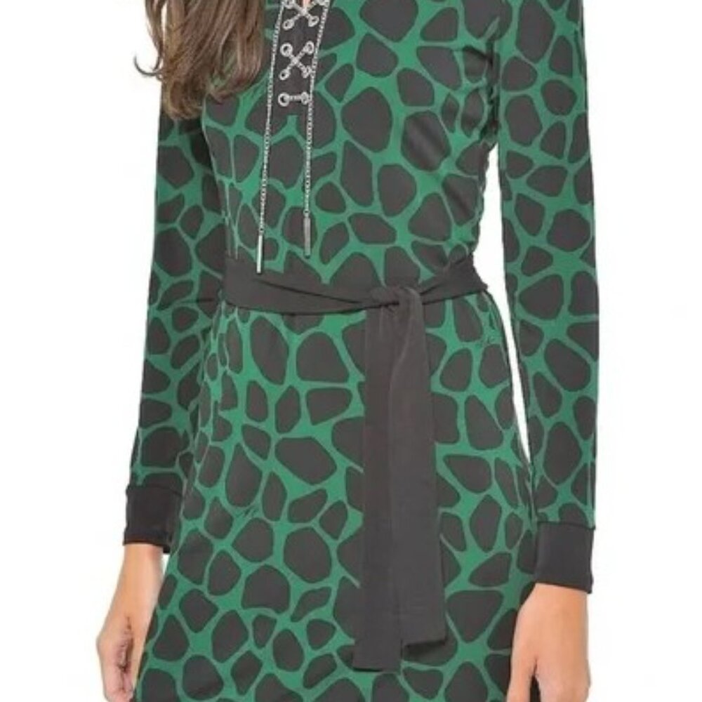 NWT$140 Retail MICHAEL KORS animal print chain lace up border dress 1X Moss